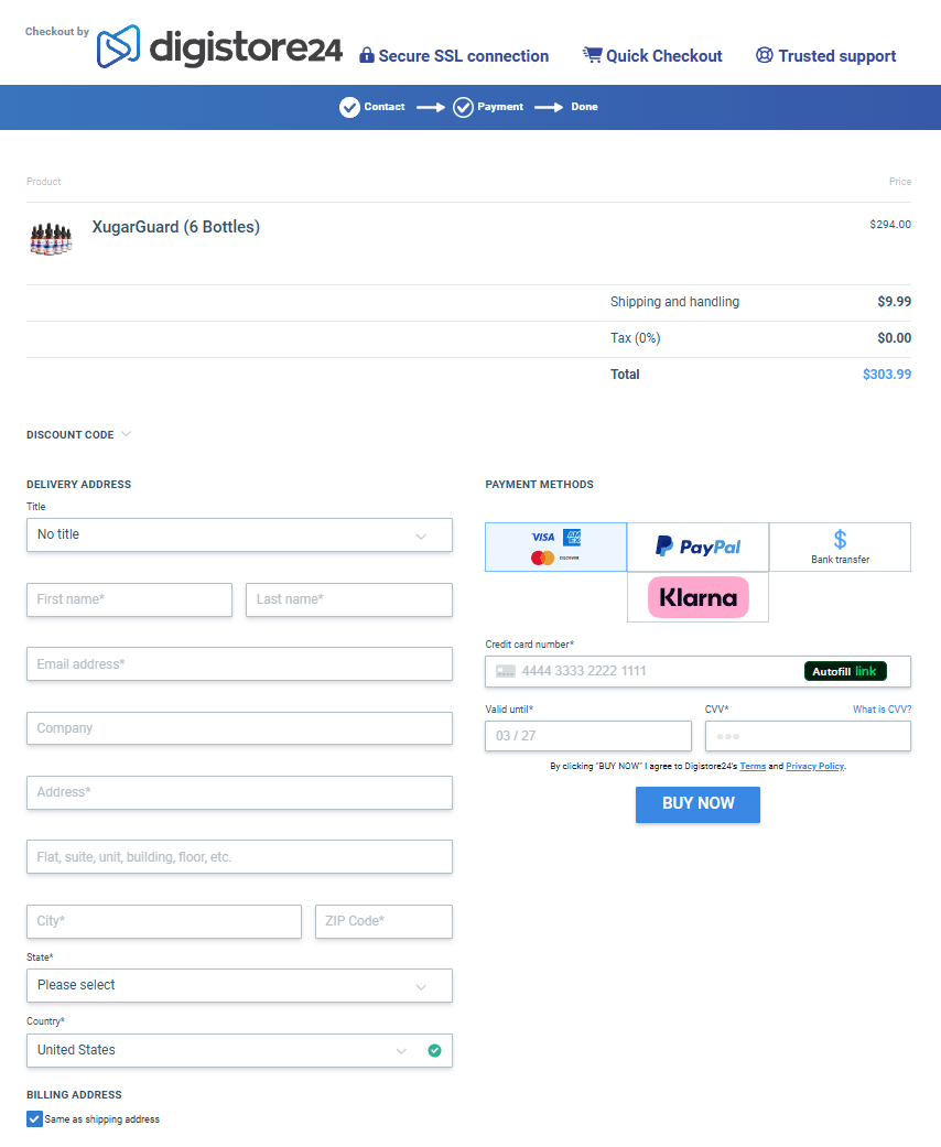 Xugar order checkout page